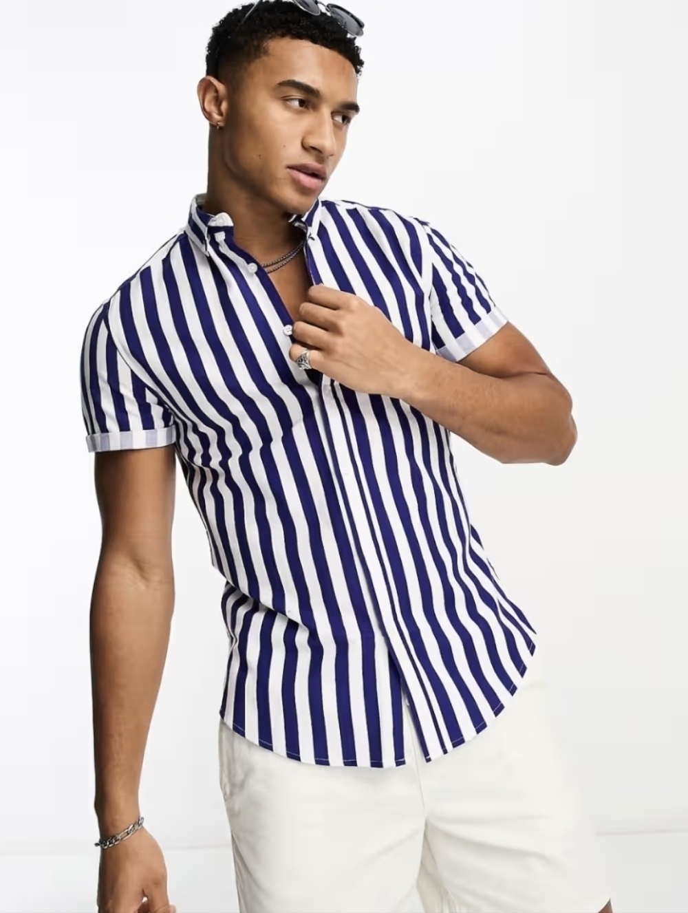 ASOS Navy and White Vertical Stripe Short-Sleeve Cotton Button-Down Shirt
